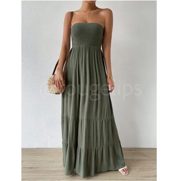 Strapless Maxi Dress Long Army Green Shirred Top Flared - Picture 6 of 8